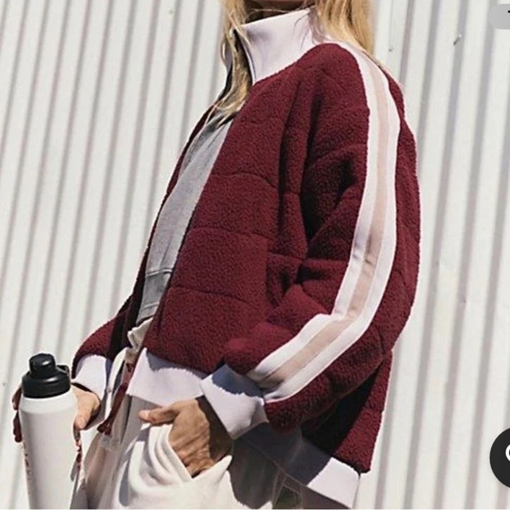 NWT Free People FP Movement Fleecy Sherpa Scrunchy Pippa Jacket in Burgundy Red